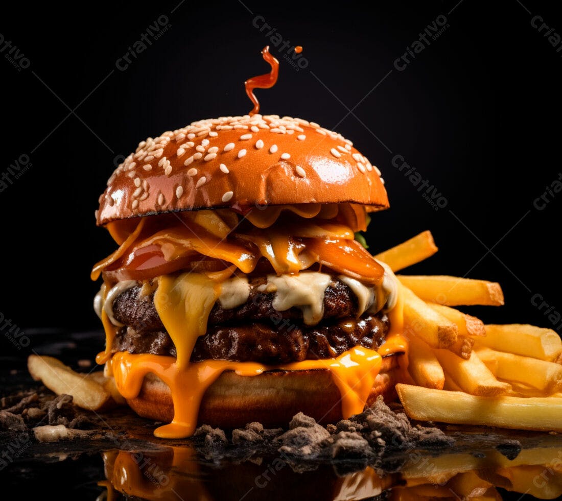 Duplo Cheeseburger suculento com batatas fritas