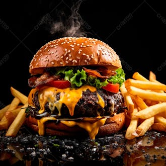 Imagem de um hambúrguer completo com batatas fritas crocantes, fundo preto 4