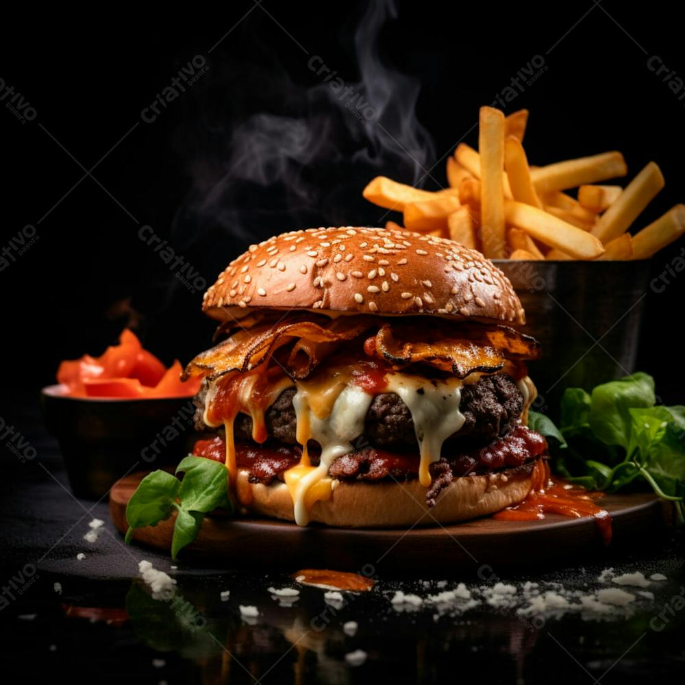  Imagem De Um Hambúrguer Completo Com Batatas Fritas Crocantes, Fundo Preto 6