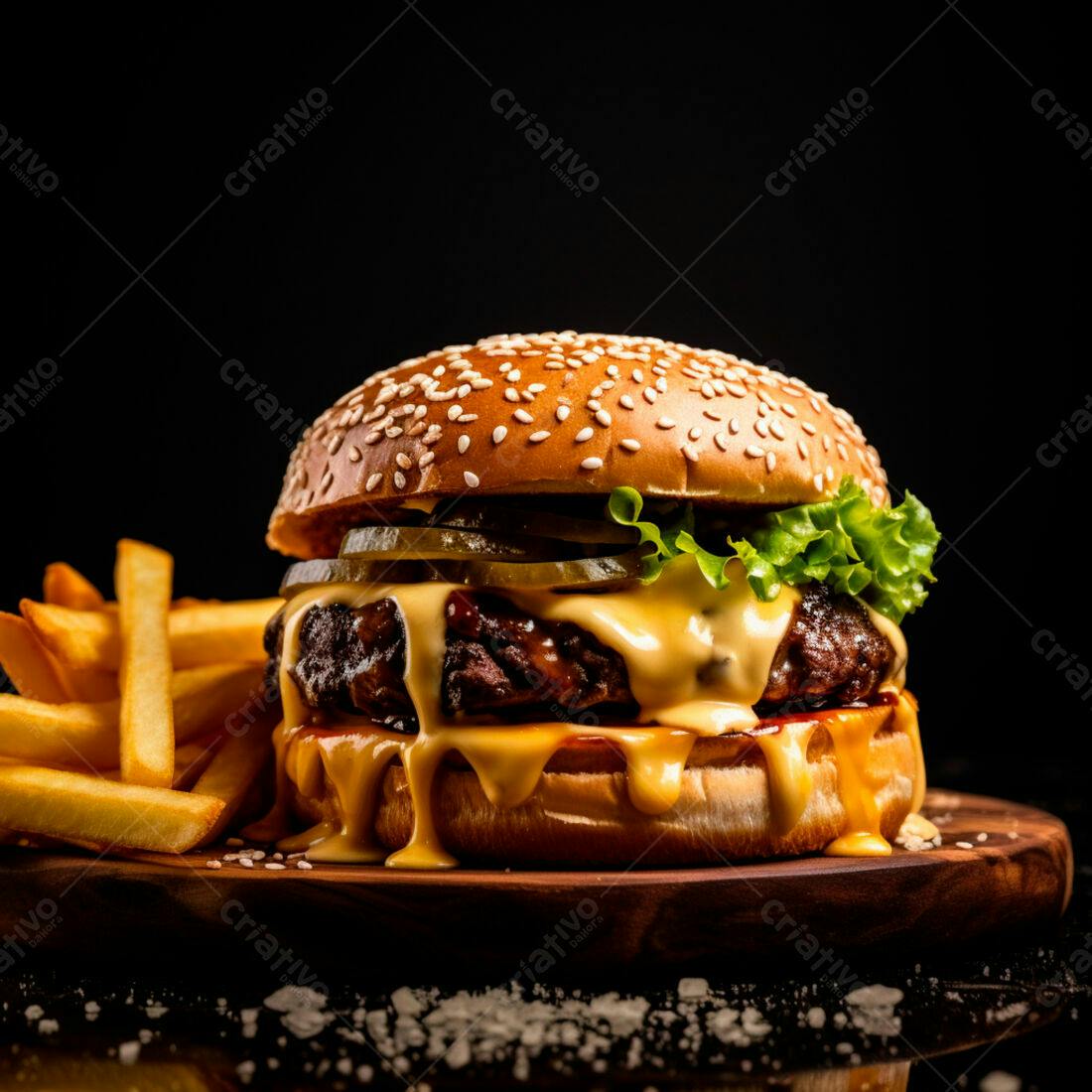 Cheeseburger suculento com batatas fritas