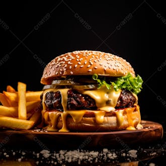 Imagem de um hambúrguer completo com batatas fritas crocantes, fundo preto 7