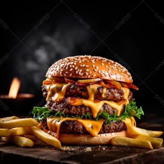 Imagem de um hambúrguer completo com batatas fritas crocantes, fundo preto 8