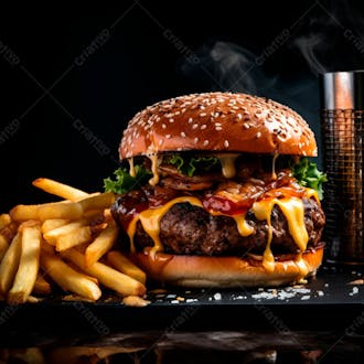 Imagem de um hambúrguer completo com batatas fritas crocantes, fundo preto 9