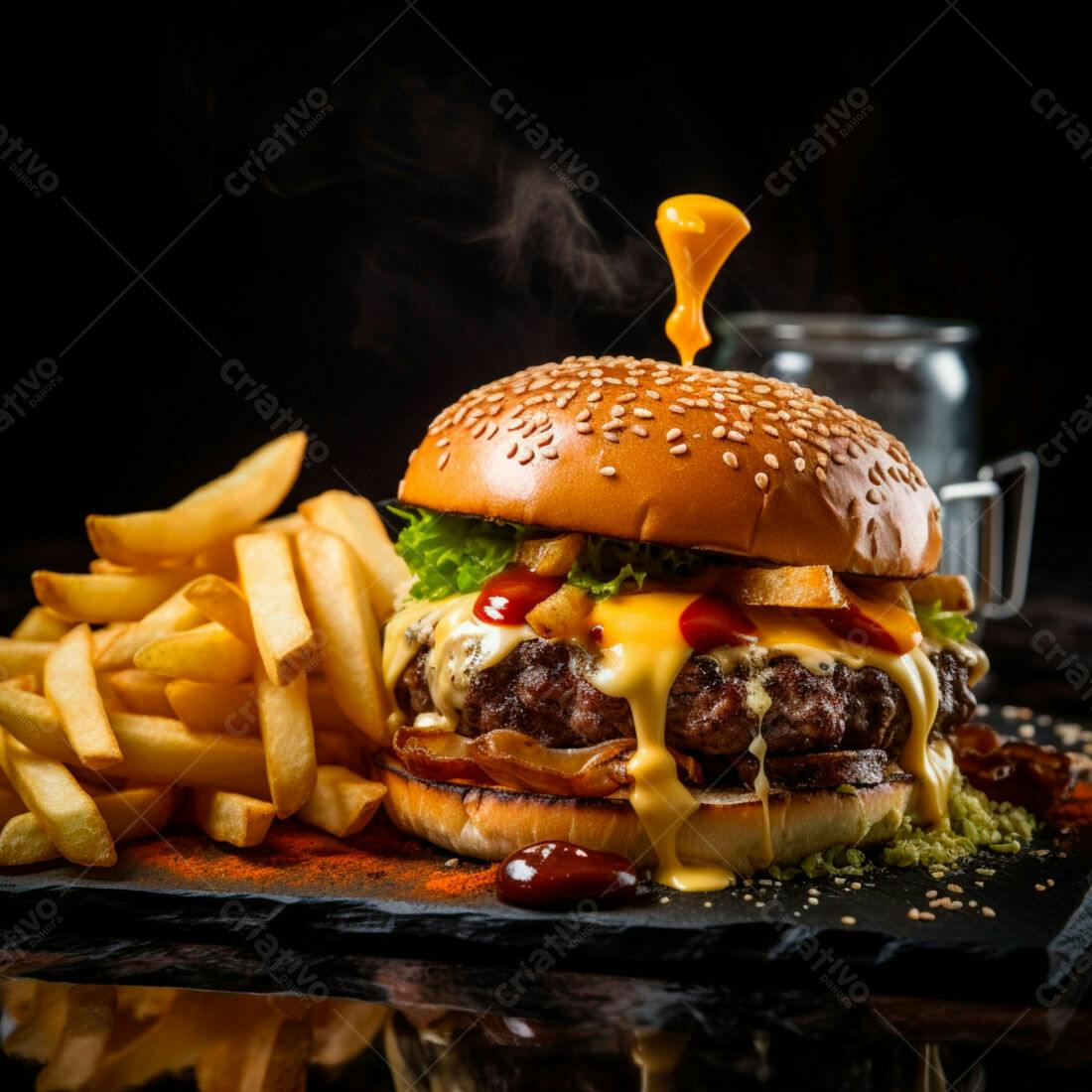 Hambúrguer suculento com fritas e queijo derretido