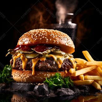 Imagem de um hambúrguer completo com batatas fritas crocantes, fundo preto 11