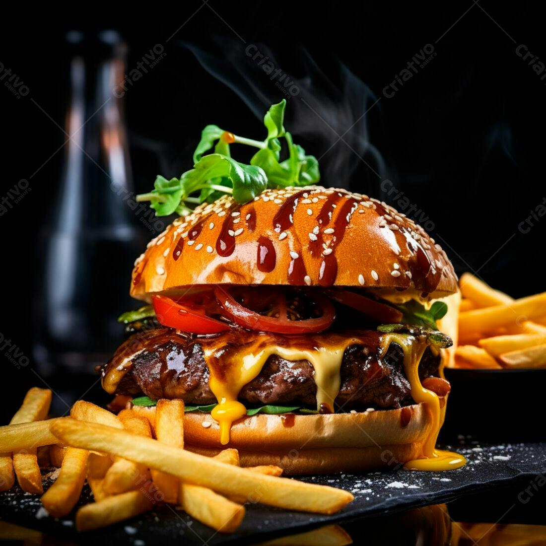Hambúrguer suculento com fritas e molho teriyaki