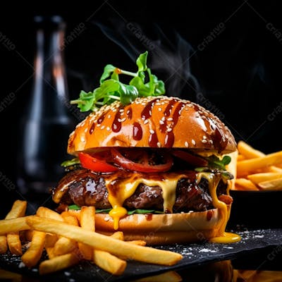  Imagem De Um Hambúrguer Completo Com Batatas Fritas Crocantes, Fundo Preto 12