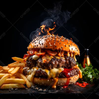  Imagem De Um Hambúrguer Completo Com Batatas Fritas Crocantes, Fundo Preto 13