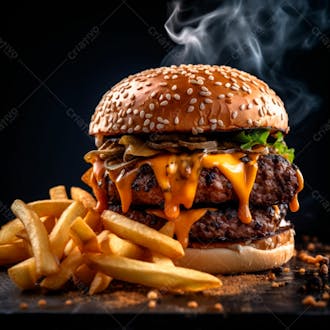 Imagem de um hambúrguer completo com batatas fritas crocantes, fundo preto 14