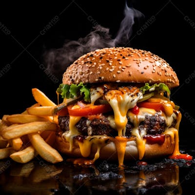  Imagem De Um Hambúrguer Completo Com Batatas Fritas Crocantes, Fundo Preto 15