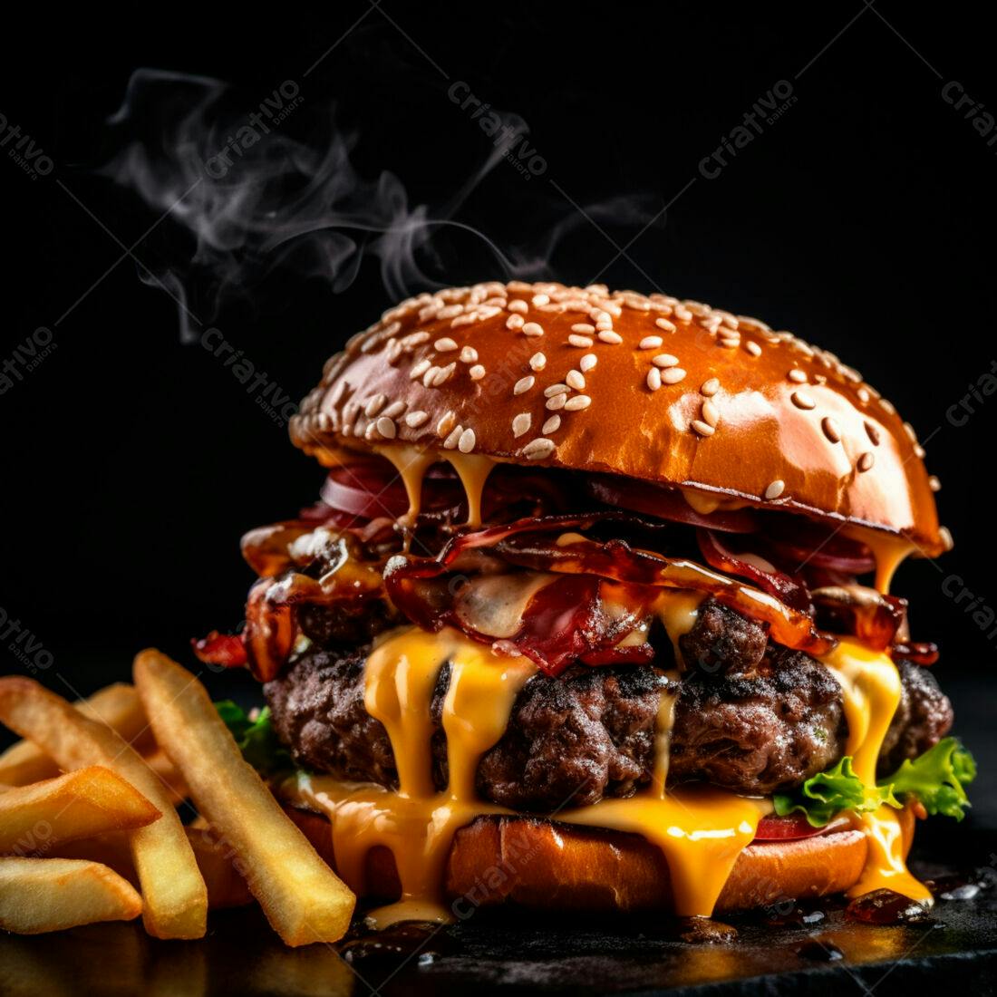 Hambúrguer suculento com bacon e fritas