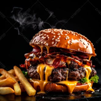 Imagem de um hambúrguer completo com batatas fritas crocantes, fundo preto 16