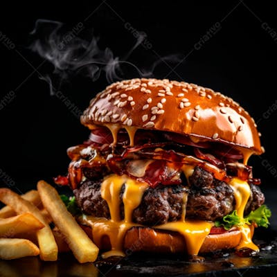  Imagem De Um Hambúrguer Completo Com Batatas Fritas Crocantes, Fundo Preto 16