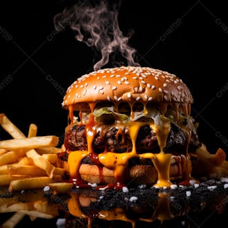 Imagem de um hambúrguer completo com batatas fritas crocantes, fundo preto 17