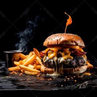 Imagem de um hambúrguer completo com batatas fritas crocantes, fundo preto 18