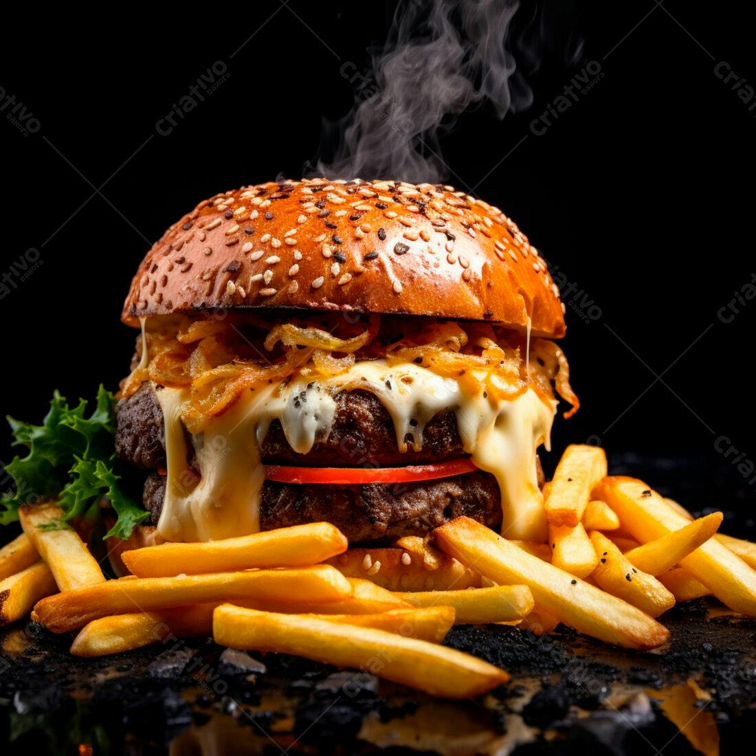 Hambúrguer suculento com fritas e cebola crocante