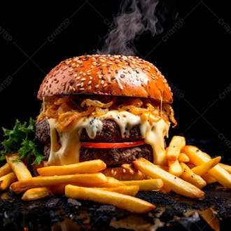 Imagem de um hambúrguer completo com batatas fritas crocantes, fundo preto 19
