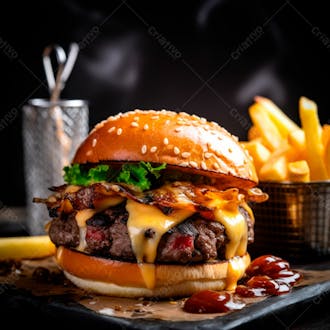 Imagem de um hambúrguer completo com batatas fritas crocantes, fundo preto 20