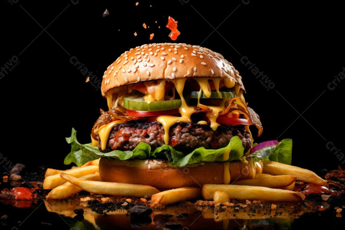 Hambúrguer suculento com fritas e queijo derretido