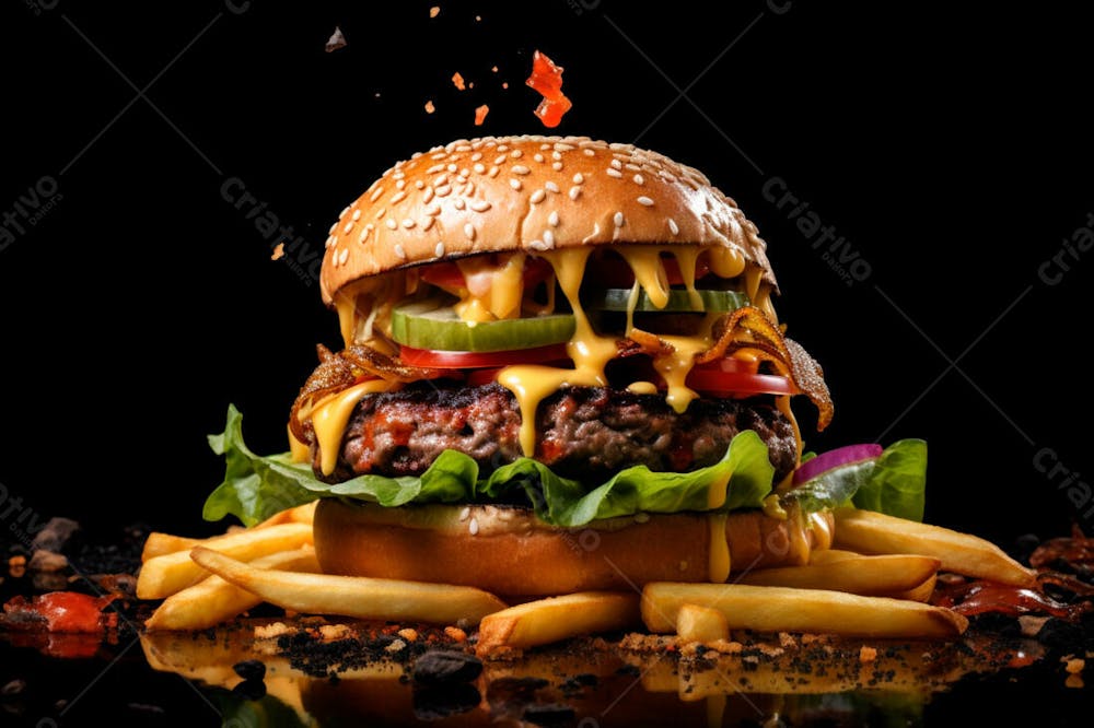 Imagem De Um Hambúrguer Completo Com Batatas Fritas Crocantes, Fundo Preto 21