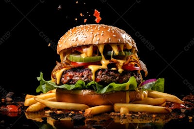  Imagem De Um Hambúrguer Completo Com Batatas Fritas Crocantes, Fundo Preto 21