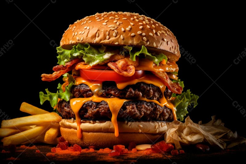 Imagem de um hambúrguer completo com batatas fritas crocantes, fundo preto 22