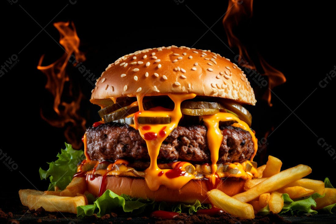 Hambúrguer suculento com cheddar derretido e fritas