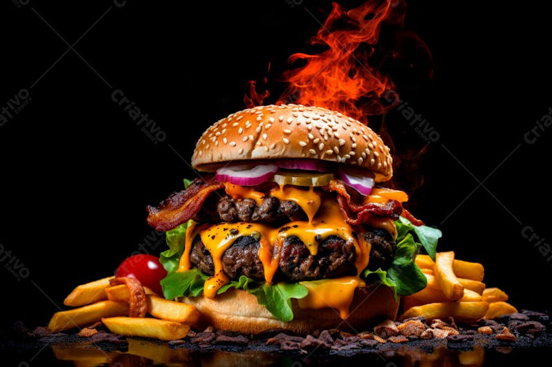 Imagem de um hambúrguer completo com batatas fritas crocantes, fundo preto 24