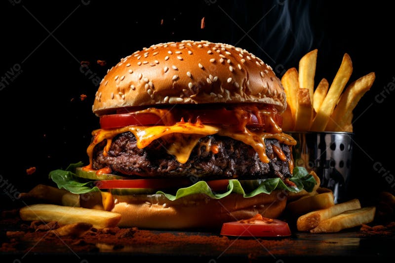 Imagem de um hambúrguer completo com batatas fritas crocantes, fundo preto 25