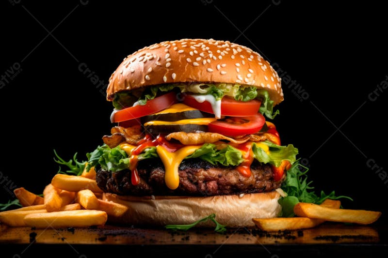 Imagem de um hambúrguer completo com batatas fritas crocantes, fundo preto 26