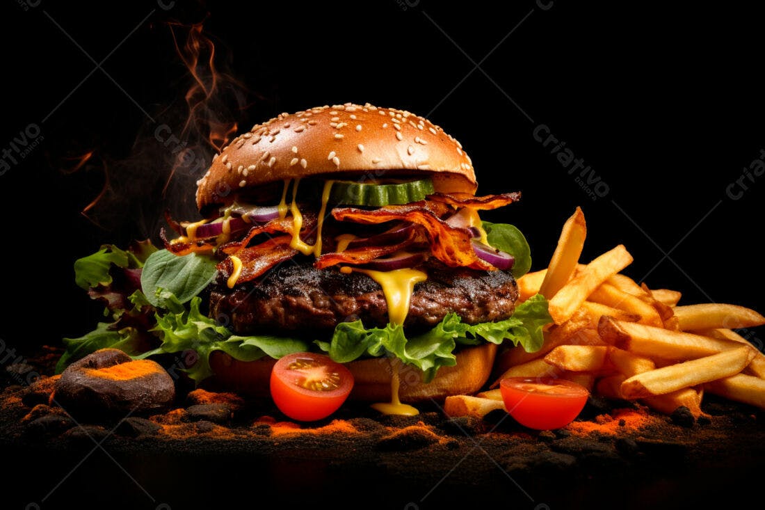 Hambúrguer suculento com bacon e fritas