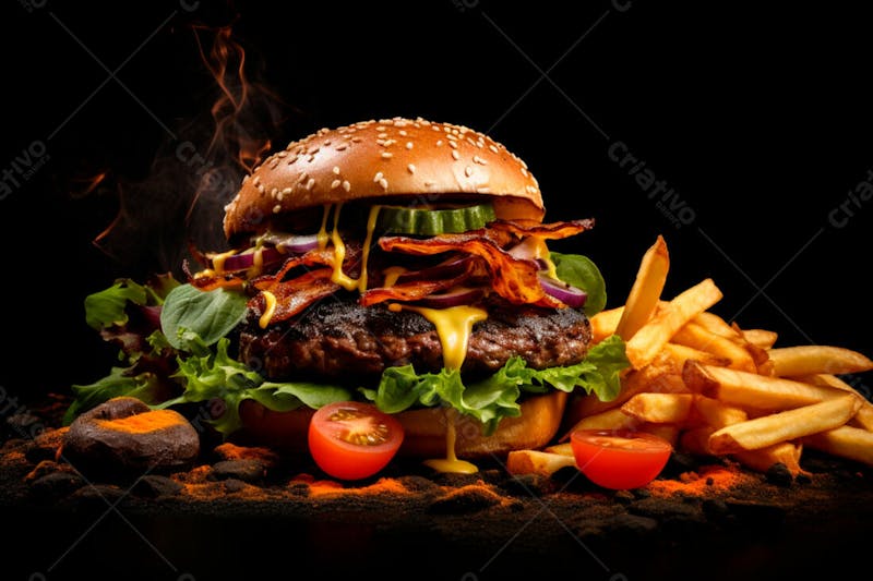Imagem de um hambúrguer completo com batatas fritas crocantes, fundo preto 27