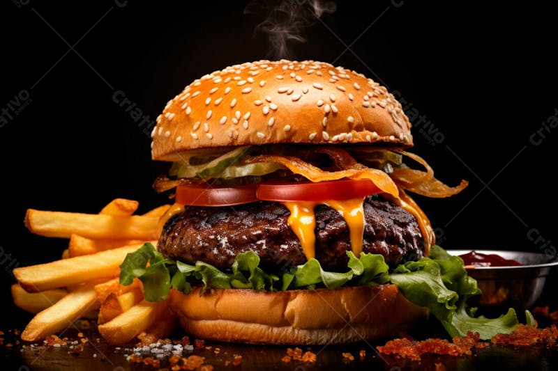 Imagem de um hambúrguer completo com batatas fritas crocantes, fundo preto 28