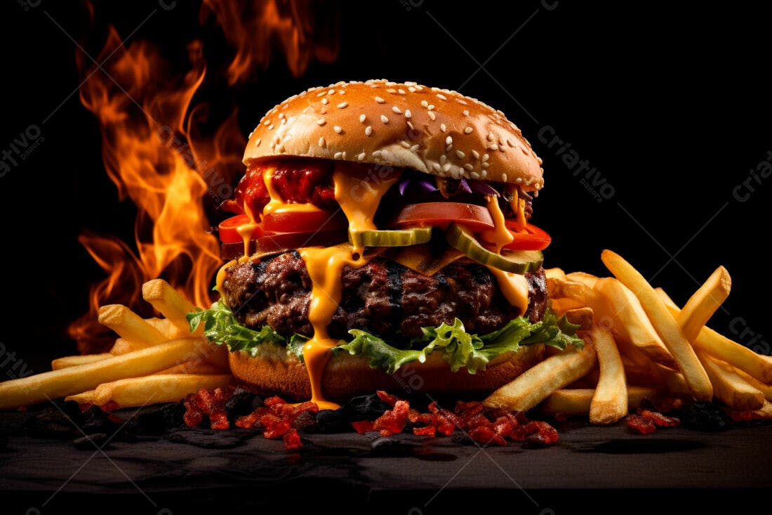 Hambúrguer suculento com batatas fritas e fogo