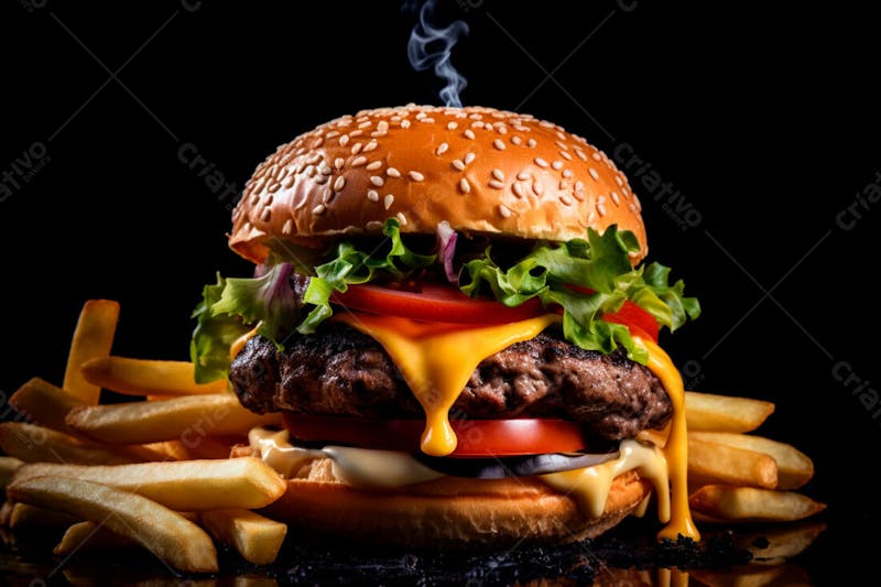 Imagem de um hambúrguer completo com batatas fritas crocantes, fundo preto 30