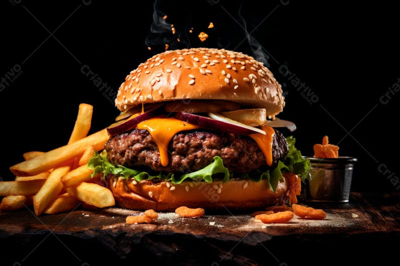 Imagem de um hambúrguer completo com batatas fritas crocantes, fundo preto 31
