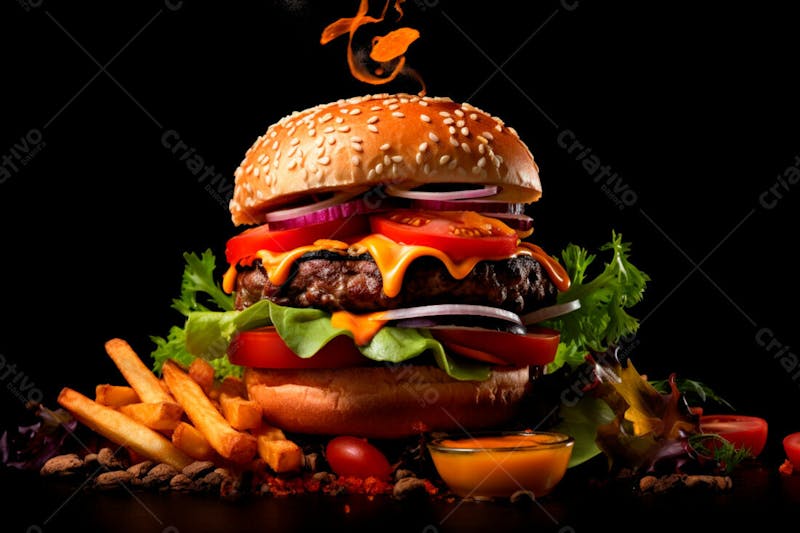 Imagem de um hambúrguer completo com batatas fritas crocantes, fundo preto 32