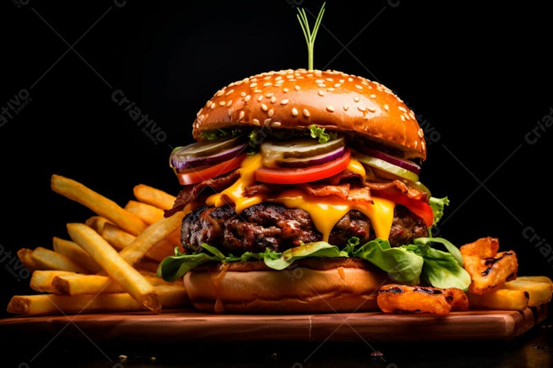 Imagem de um hambúrguer completo com batatas fritas crocantes, fundo preto 34