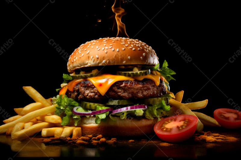 Imagem de um hambúrguer completo com batatas fritas crocantes, fundo preto 35