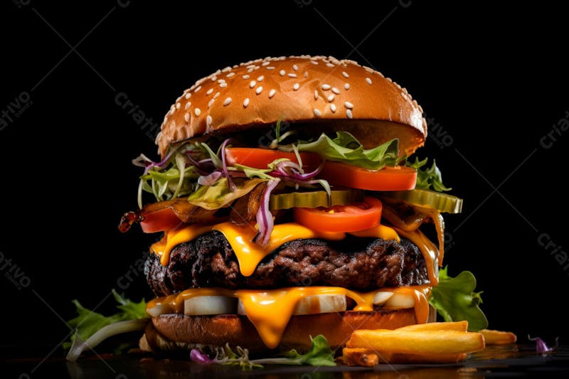 Imagem de um hambúrguer completo com batatas fritas crocantes, fundo preto 36