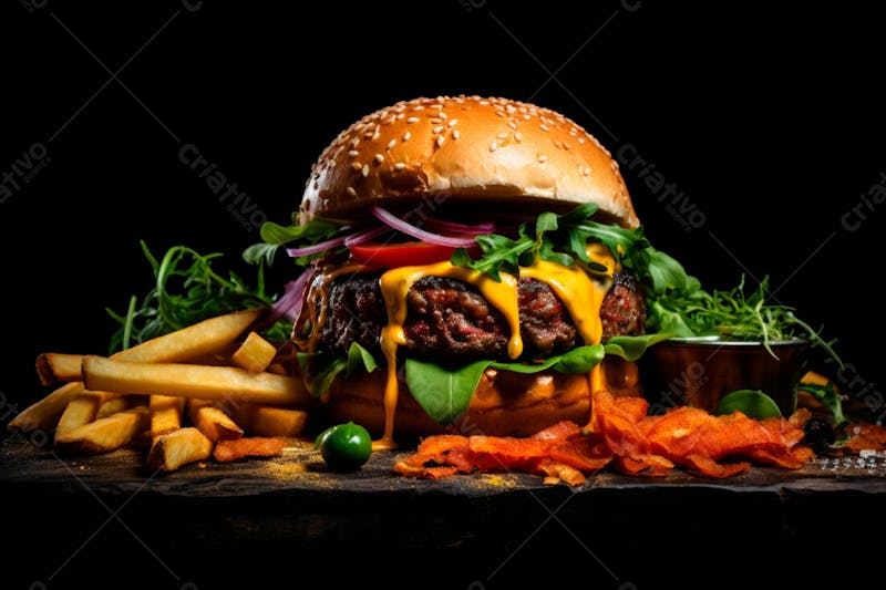 Imagem de um hambúrguer completo com batatas fritas crocantes, fundo preto 38