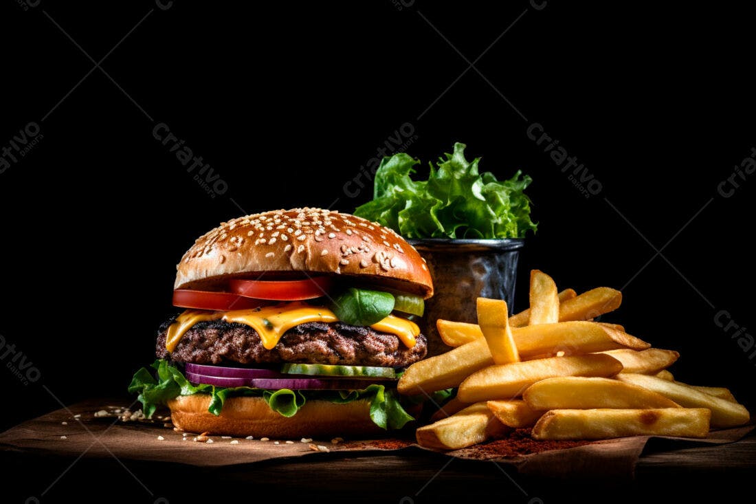 Cheeseburger suculento com batatas fritas