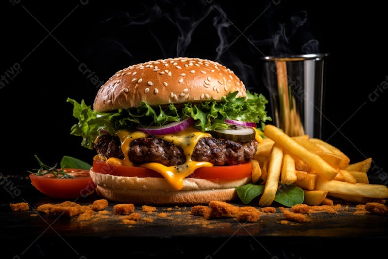 Imagem de um hambúrguer completo com batatas fritas crocantes, fundo preto 41