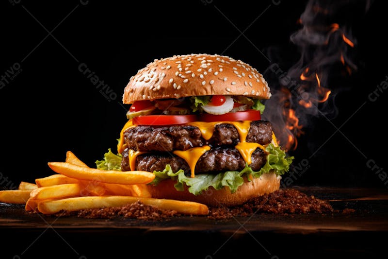 Imagem de um hambúrguer completo com batatas fritas crocantes, fundo preto 42