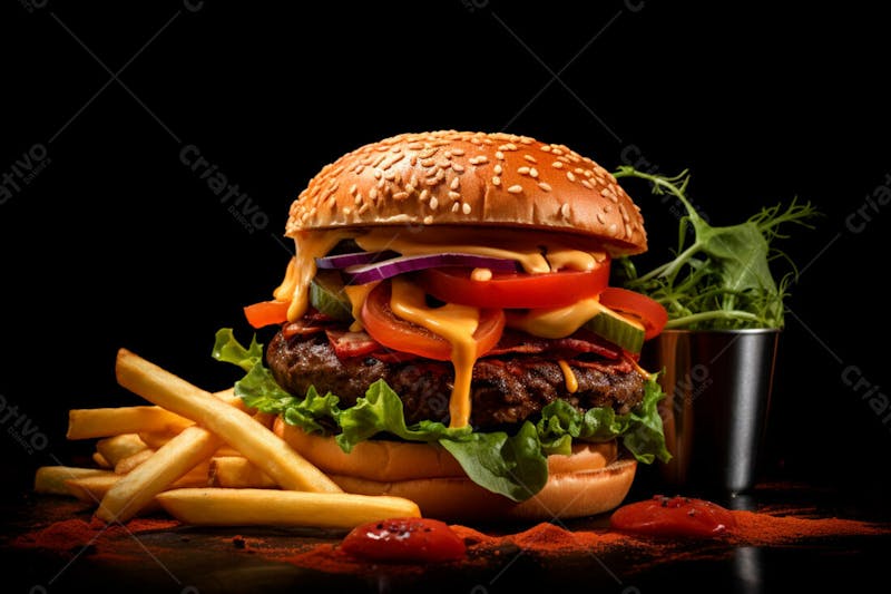 Imagem de um hambúrguer completo com batatas fritas crocantes, fundo preto 43