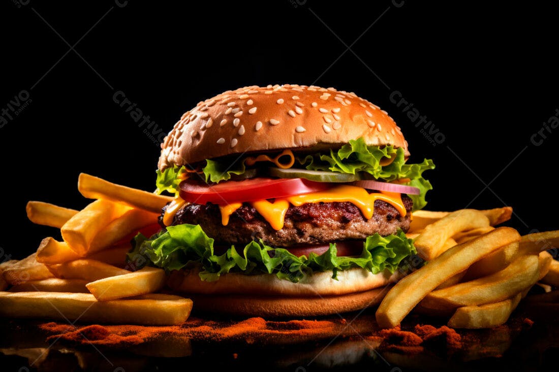 Hambúrguer suculento com fritas