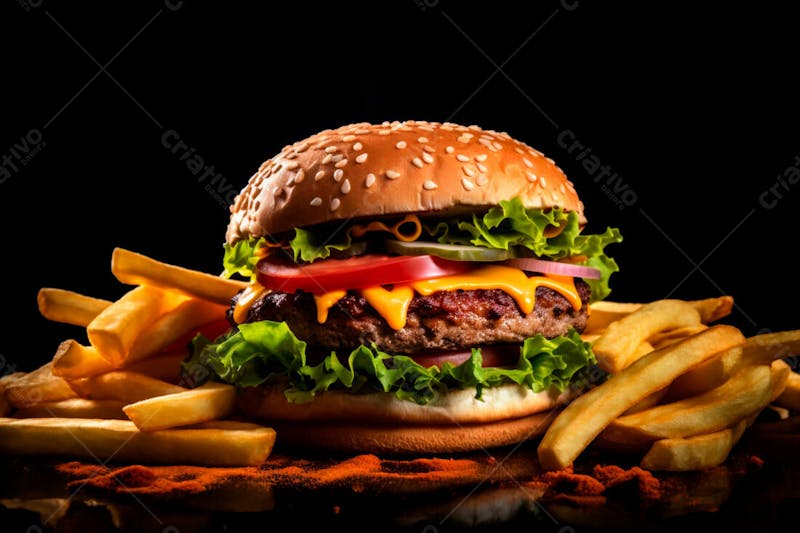 Imagem de um hambúrguer completo com batatas fritas crocantes, fundo preto 44