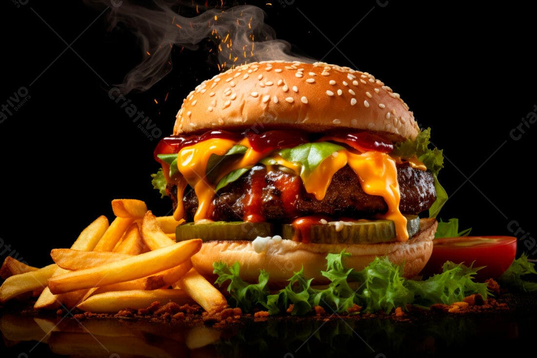 Hambúrguer suculento com cheddar e batatas fritas