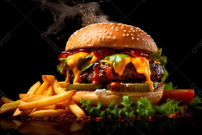 Imagem de um hambúrguer completo com batatas fritas crocantes, fundo preto 45