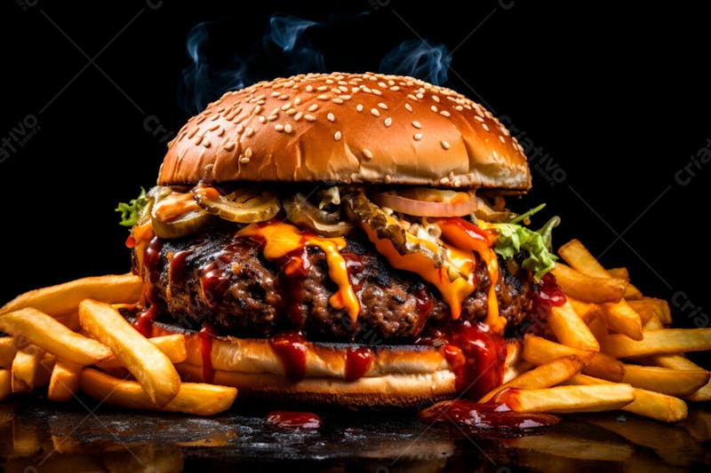 Imagem de um hambúrguer completo com batatas fritas crocantes, fundo preto 46